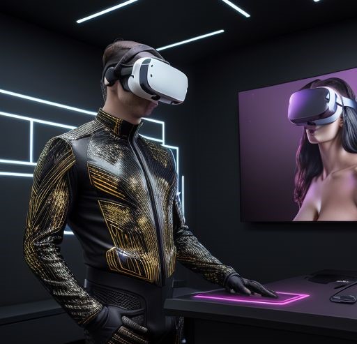 Individual wearing a VR headset engaging with virtual reality porn games, featuring an avatar on a screen